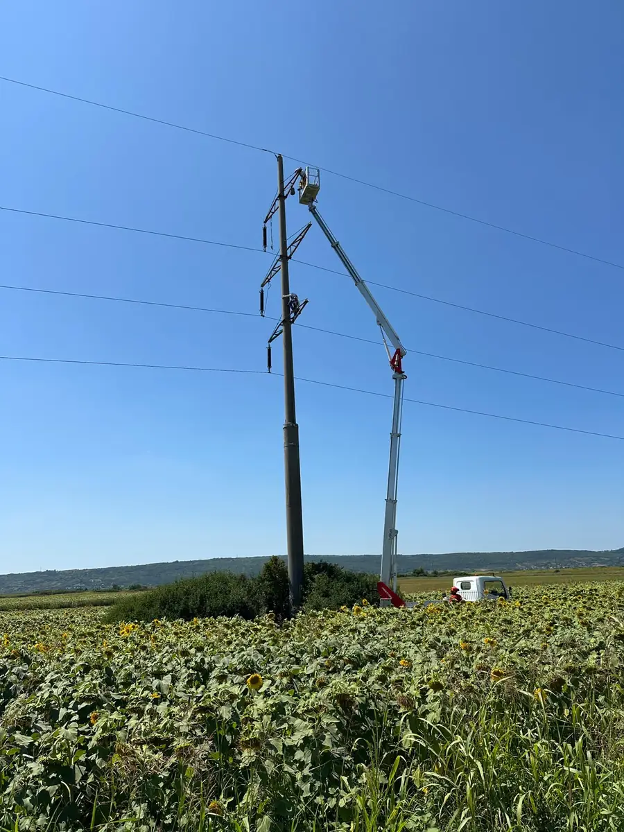 Nacelă cu brațul ridicat la un stâlp electric, la marginea unui câmp de floarea-soarelui
